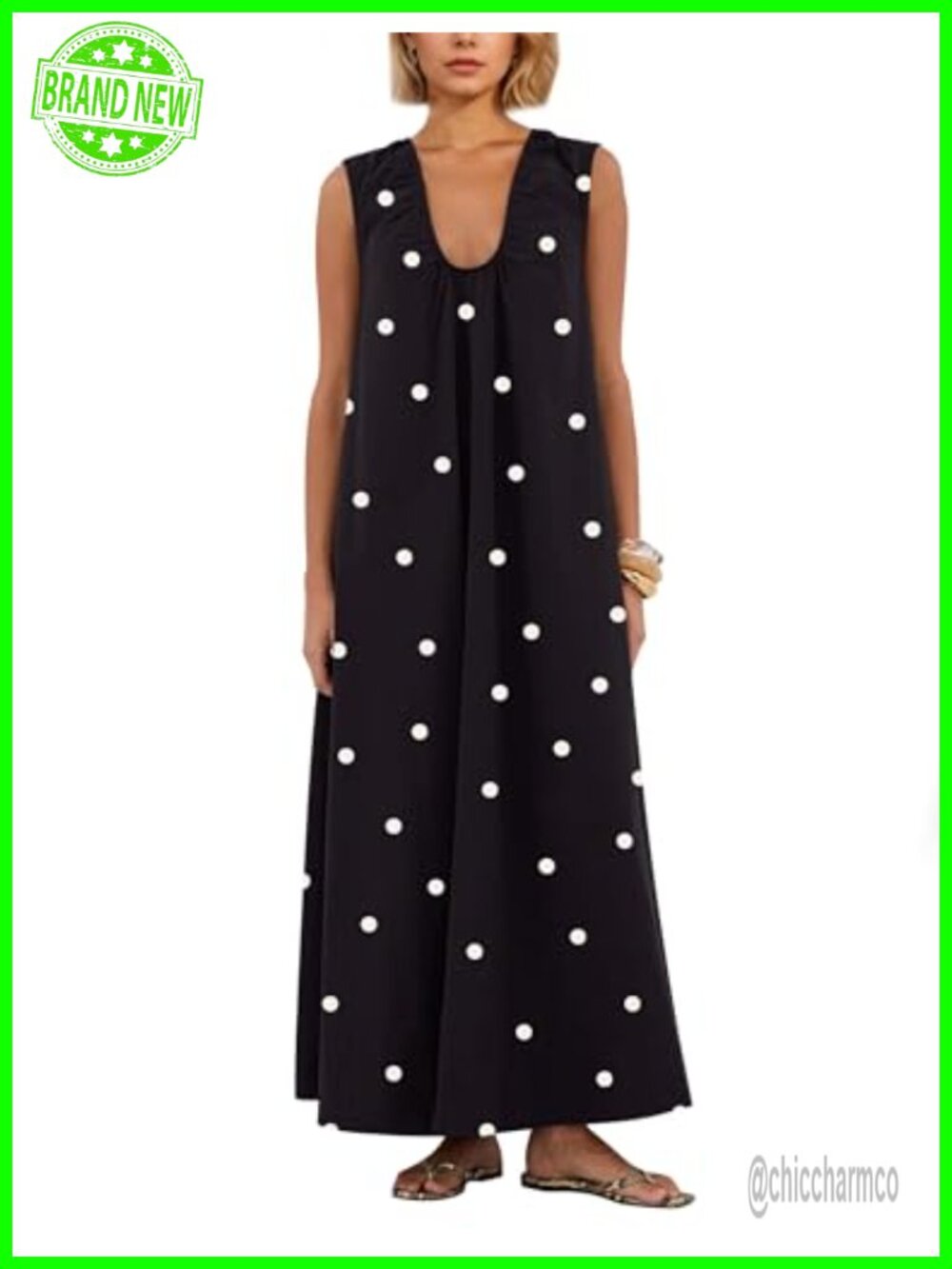 Livtany Women's Cotton Scoop Neck Ruched Maxi Dress with Side Pockets